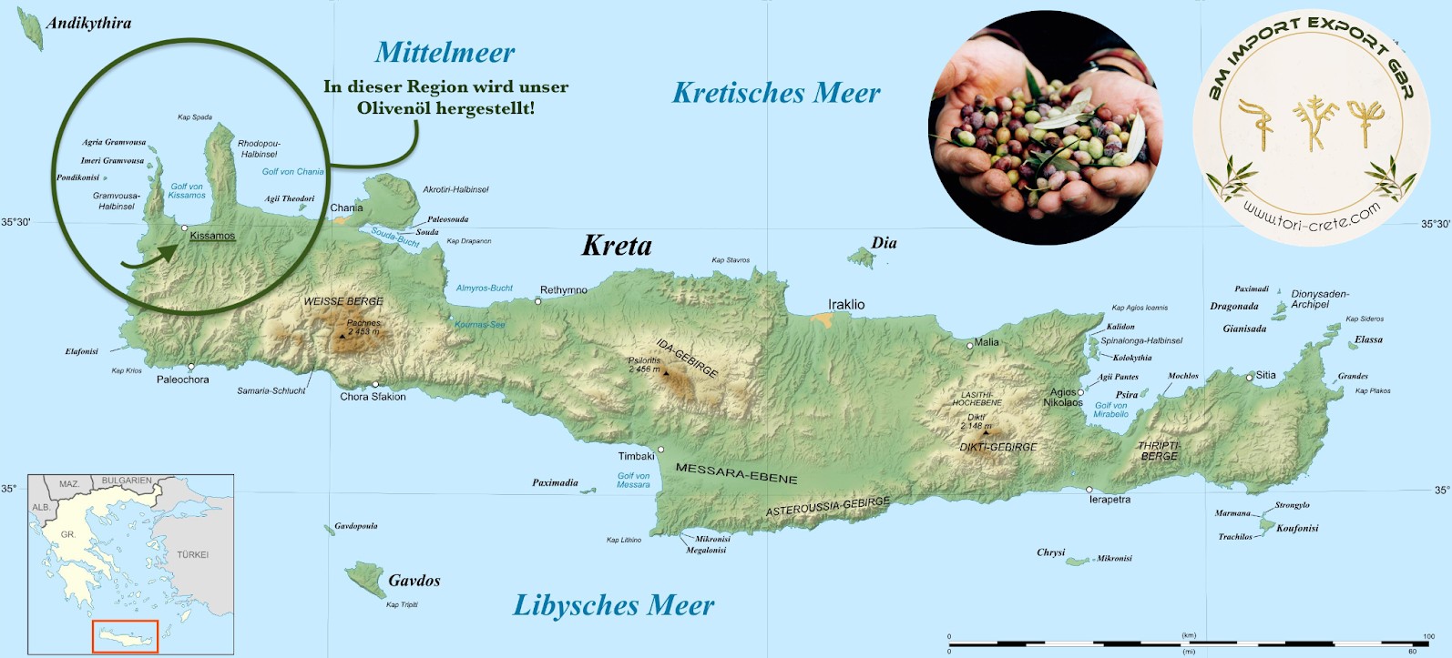 Karte von Kreta: Unser Olivenöl wird in Kissamos an der Mittelmeerküste im Nordwesten der Insel hergestellt