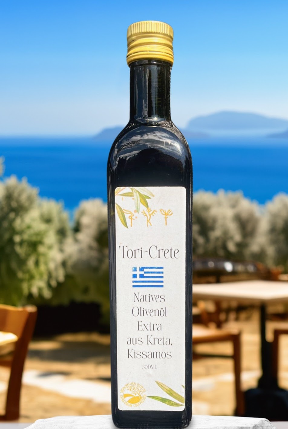 Tori-Crete Flasche – Natives Olivenöl Extra aus Kreta, Kissamos, mit Blick auf das Mittelmeer