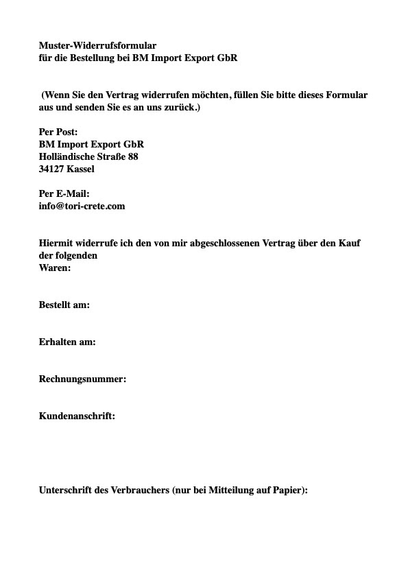 Muster-Widerrufsformular für die Bestellung bei BM Import Export GbR